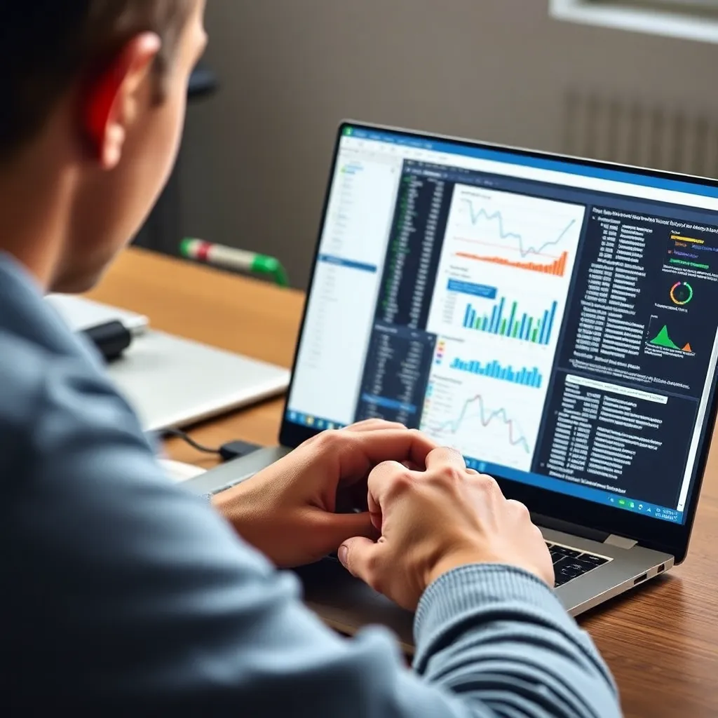 Een persoon die Python code schrijft voor data-analyse op een laptop